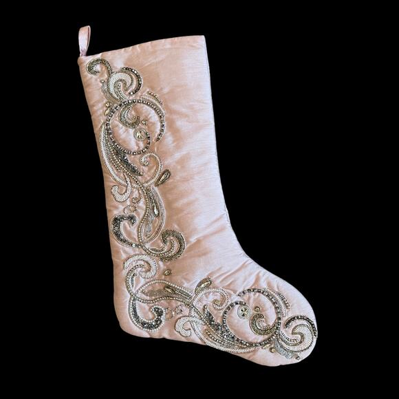 NEW Neiman Marcus Blush Pink Beaded Christmas Stocking Luxury Holiday Decor - Picture 2 of 15